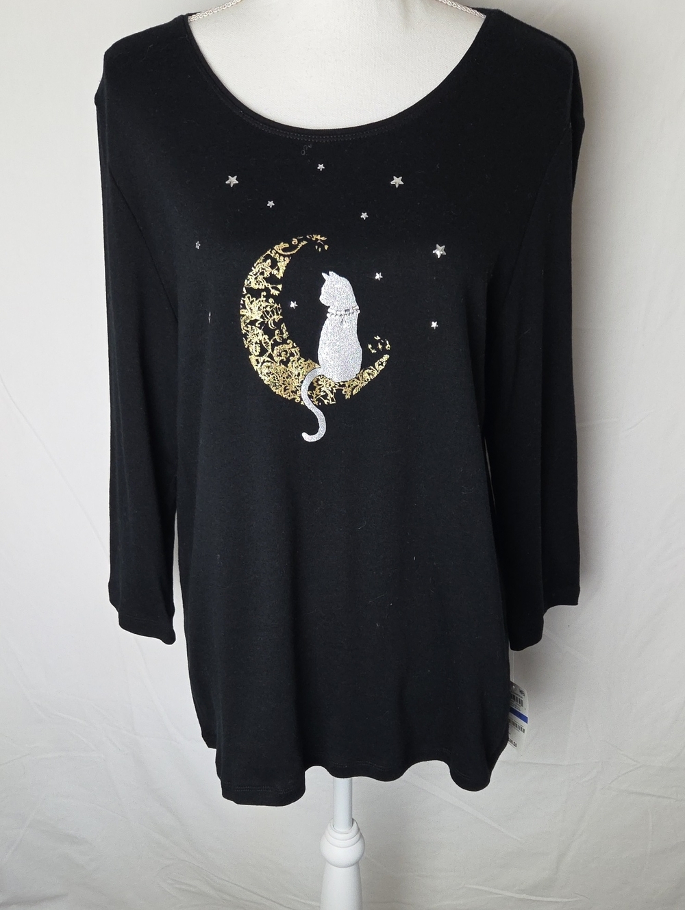 NWT Karen Scott Black Cat & Moon Crescent Rhinestone Women's Top XL Celestial
